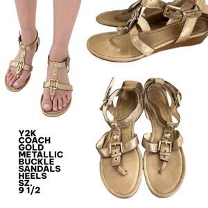 Y2K COACH METALLIC GOLD BUCKLE STRAPPY HEELS SANDALS SZ. 9 1/2.